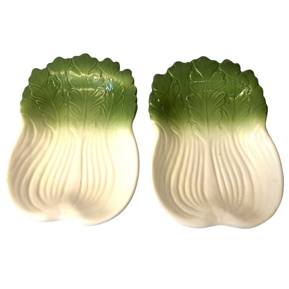 Napa Cabbage Bok Choy Leafy Green Lettuce Ceramic Serving Plates Set Of 2 VTG - Picture 1 of 10